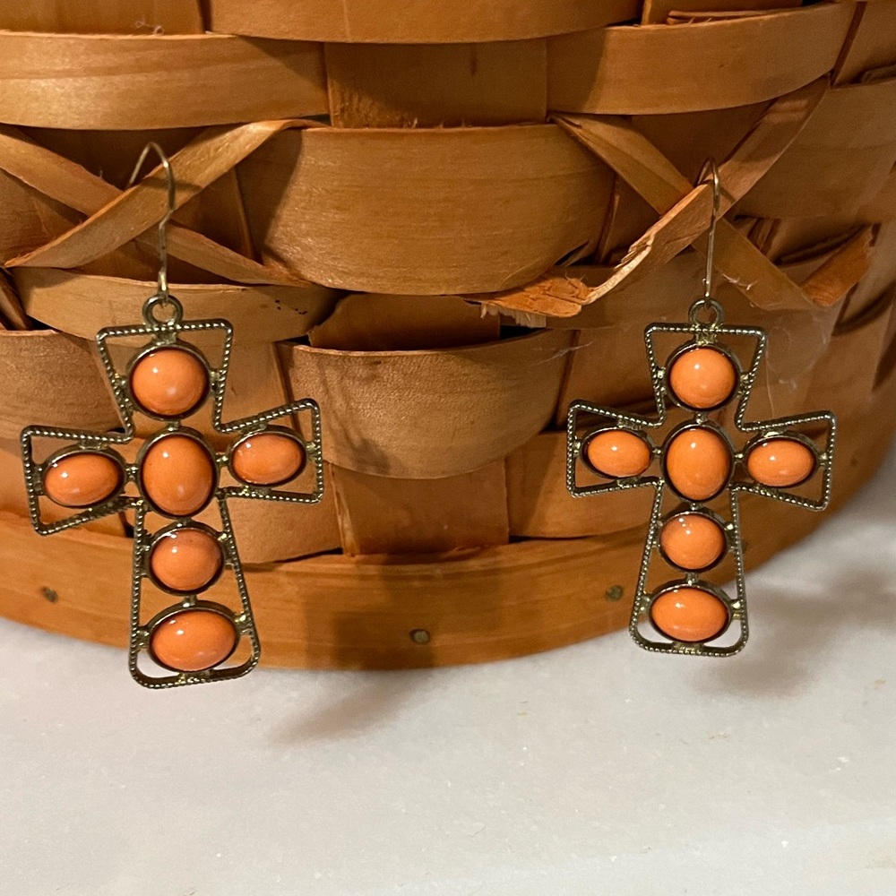 Earrings Cross Beaded Dangle Coral